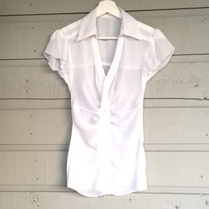 SHEER WHITE BLOUSE WITH BELL CAP SLEEVES DELICATE, FEMININE LOOK